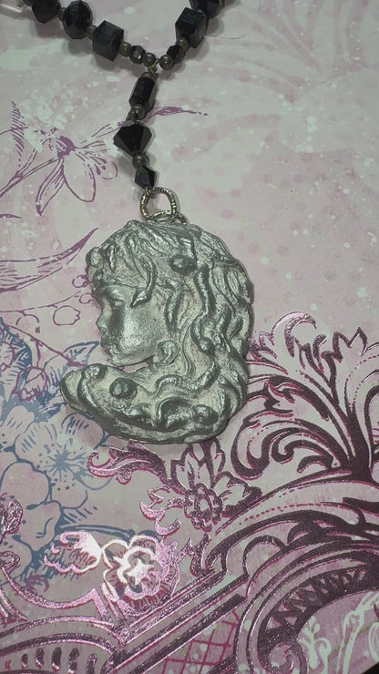 Art Nuveau Clay Lady Pendant with Artisan Crystal Beaded Necklace