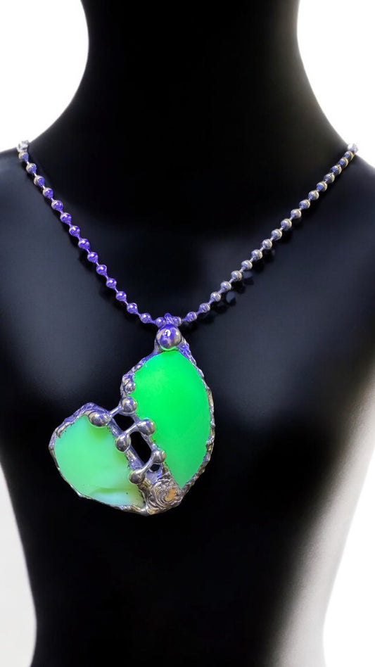 Artisan Uranium Glass & Boho Metalwork Heart Pendant "The  Mended Heart"