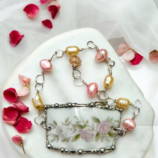 Broken Fine Japan Teacup Bracelet  caged with Silver blend Artisan Metalwork and Wire Hand-wrapped Freshwater Pearls
