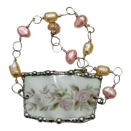 Broken Fine Japan Teacup Bracelet  caged with Silver blend Artisan Metalwork and Wire Hand-wrapped Freshwater Pearls