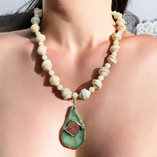 Vintage Heishi Puka Shell Necklace Sea Glass & Stamped Copper Mermaid Pendant