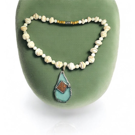Vintage Heishi Puka Shell Necklace Sea Glass & Stamped Copper Mermaid Pendant