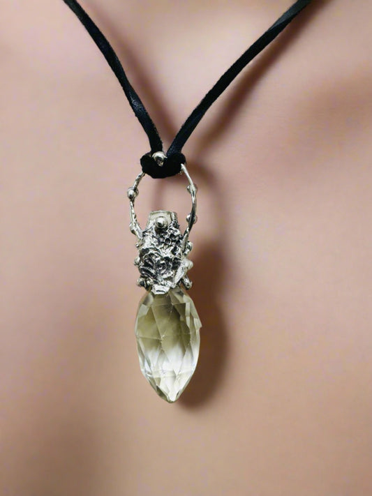 Upcycled Crystal Perfume Bottle Topper Brutalist Silver-Blend Pendant Leather Necklace