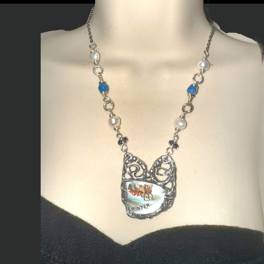Courier & Ives Winter Pendant Necklace With Handcrafted Boho Metalwork & Pearls
