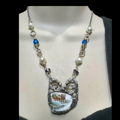 Courier & Ives Winter Pendant Necklace With Handcrafted Boho Metalwork & Pearls