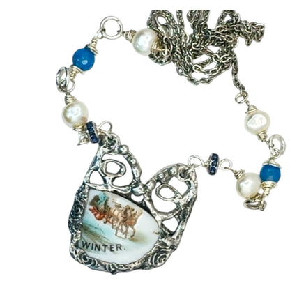 Courier & Ives Winter Pendant Necklace With Handcrafted Boho Metalwork & Pearls