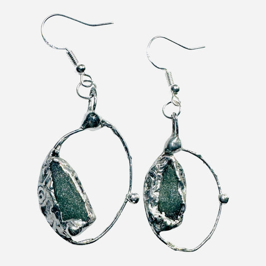 Natural Moldavite & Sterling 925 Boho Metalwork Earrings