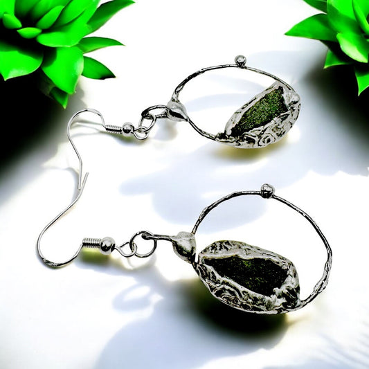 Natural Moldavite & Sterling 925 Boho Metalwork Earrings