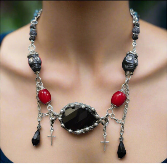 Gothic Faceted Black Onyx Pendant Red Beaded Necklace With Skulls & Cross Charms