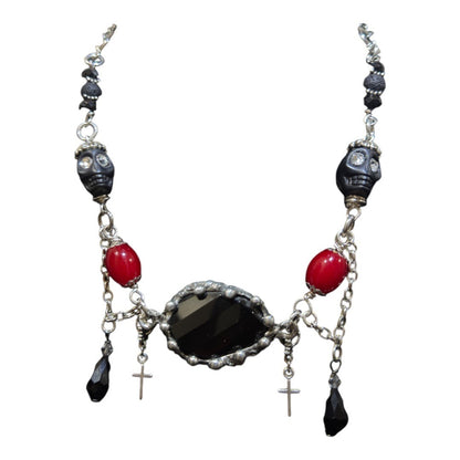 Gothic Faceted Black Onyx Pendant Red Beaded Necklace With Skulls & Cross Charms