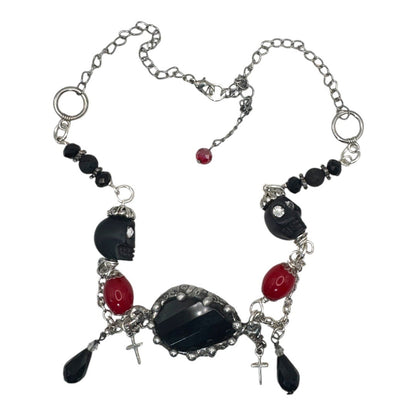Gothic Faceted Black Onyx Pendant Red Beaded Necklace With Skulls & Cross Charms