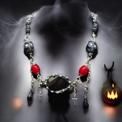 Gothic Faceted Black Onyx Pendant Red Beaded Necklace With Skulls & Cross Charms