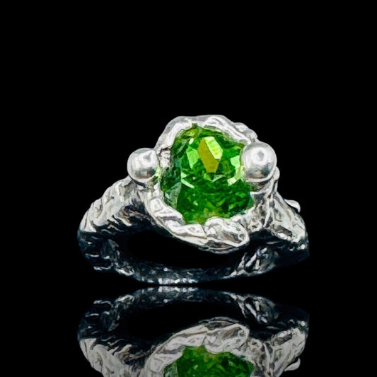 Brutalist Silver-Blend Cocktail Ring Artisan Crafted with 10mm Crystal Size  6.5