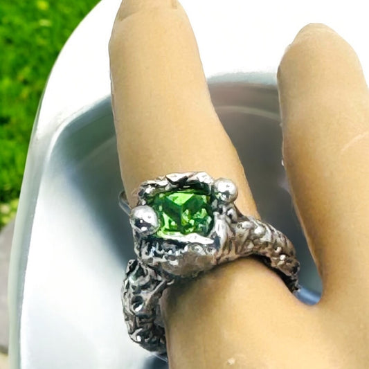 Brutalist Silver-Blend Cocktail Ring Artisan Crafted with 10mm Crystal Size  6.5