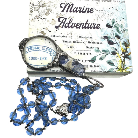Natural Blue Opal & Magnifying Glass Silver Blend  Glass Beaded Artisan Necklace
