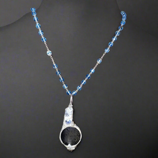 Natural Blue Opal & Magnifying Glass Silver Blend  Glass Beaded Artisan Necklace
