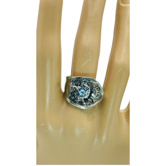 Vintage Oneida Reliance Plate Spoon Ring W Aquamarine & Artisan Boho Metalwork