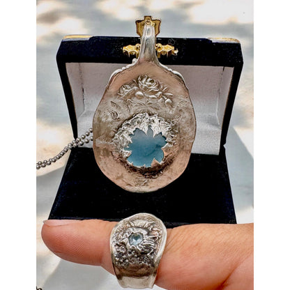 Vintage Oneida Reliance Plate Spoon Ring W Aquamarine & Artisan Boho Metalwork