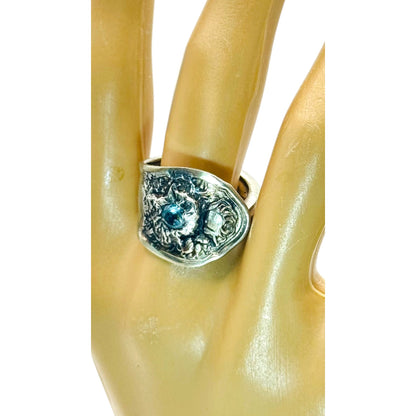 Vintage Oneida Reliance Plate Spoon Ring W Aquamarine & Artisan Boho Metalwork
